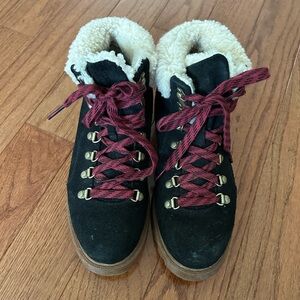 Sorel Black Suede Shearling-Lined Winter Hikers with Red Laces